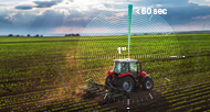 Tractor in a field with superimposed graphics emphasizing one inch accuracy in less than 60 seconds